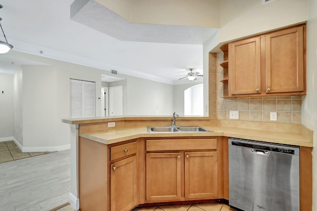 kitchen featuring tasteful backsplash, light tile patterned floors, crown molding, and stainless steel appliances