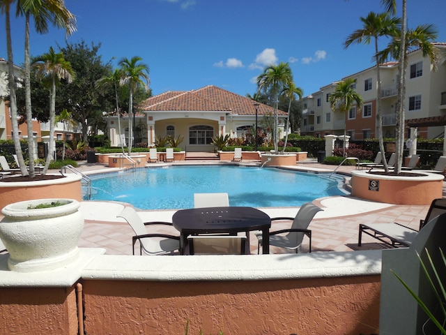 view of pool with pool water feature and a patio area