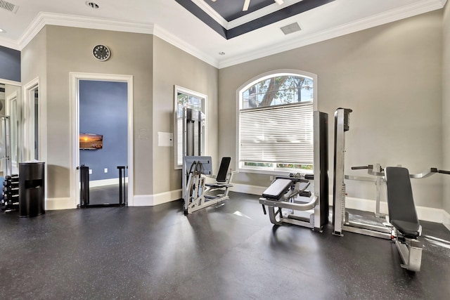 workout room with a wealth of natural light and crown molding