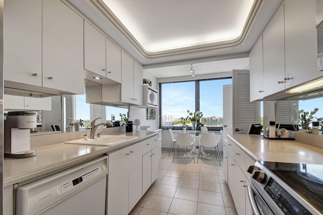 kitchen featuring light countertops, dishwasher, electric range, and a sink