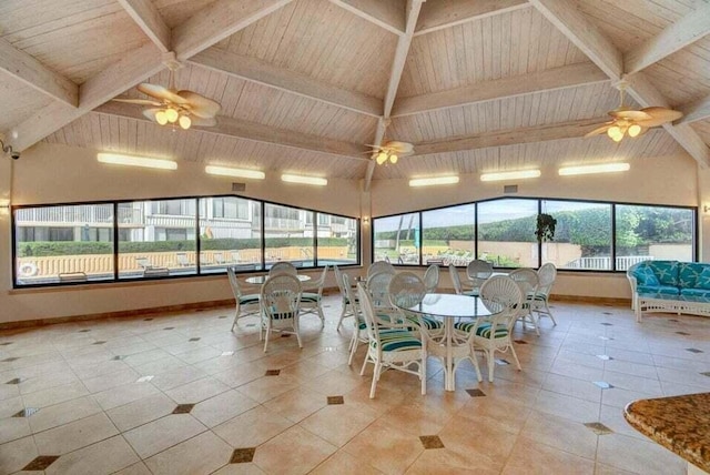 unfurnished sunroom with vaulted ceiling with beams, wooden ceiling, and a ceiling fan