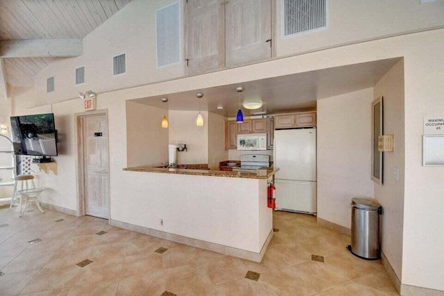 kitchen featuring high vaulted ceiling, white appliances, beam ceiling, and visible vents