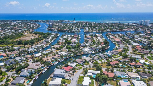 aerial view featuring a water view