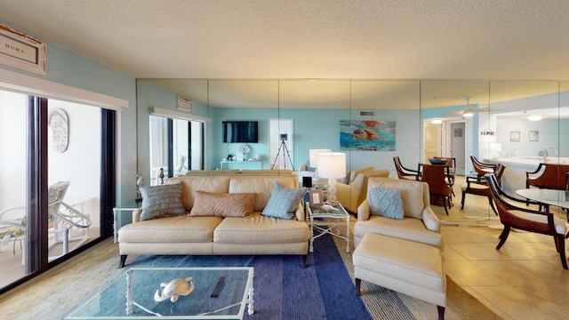 living room featuring a textured ceiling