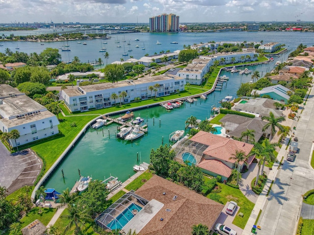 drone / aerial view featuring a water view