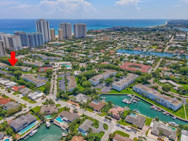 aerial view featuring a water view