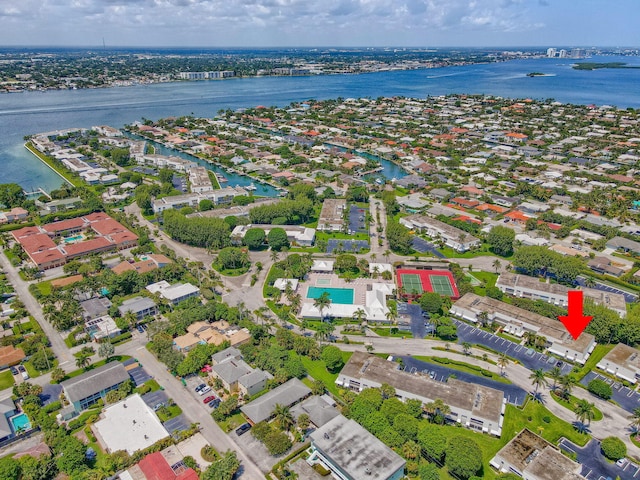 bird's eye view with a water view