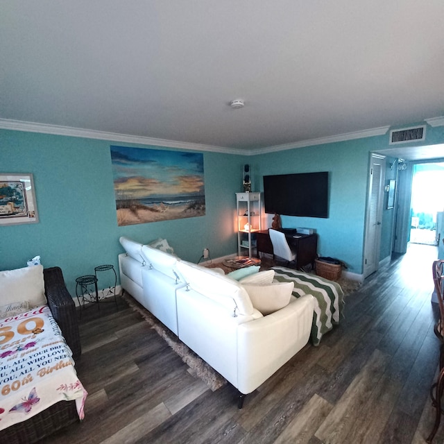 living room with crown molding and dark wood-type flooring