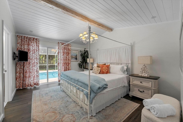 bedroom with beam ceiling, access to outside, wood-type flooring, and a notable chandelier