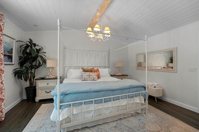 bedroom with wooden ceiling, a notable chandelier, hardwood / wood-style floors, and crown molding