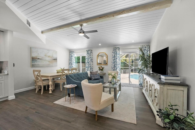 living room featuring ceiling fan, vaulted ceiling with beams, and dark hardwood / wood-style floors