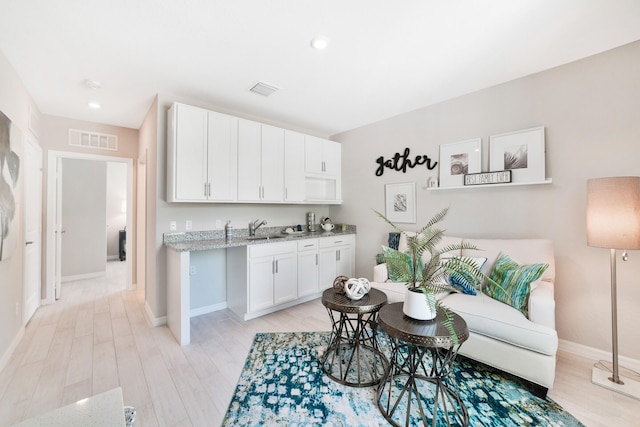 living room featuring sink and light hardwood / wood-style flooring