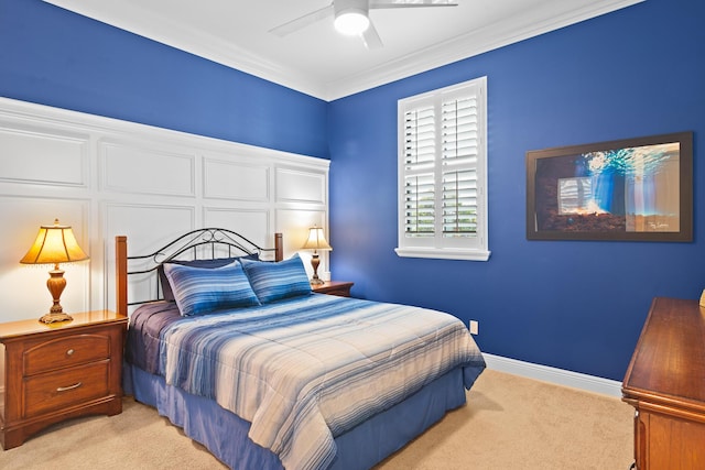 bedroom featuring ornamental molding, carpet flooring, and baseboards