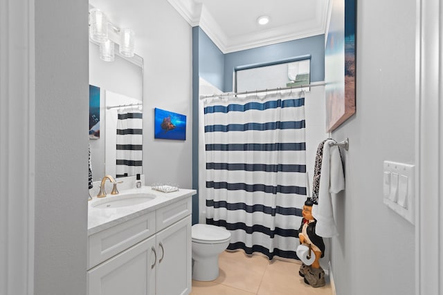 full bathroom featuring toilet, curtained shower, tile patterned flooring, crown molding, and vanity