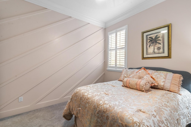 carpeted bedroom featuring ornamental molding