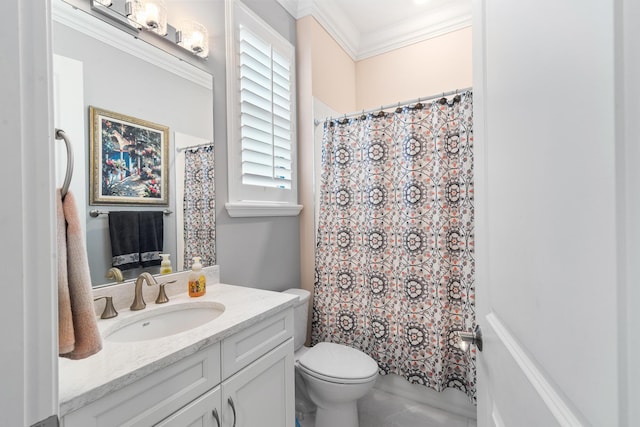 full bath with toilet, crown molding, and vanity