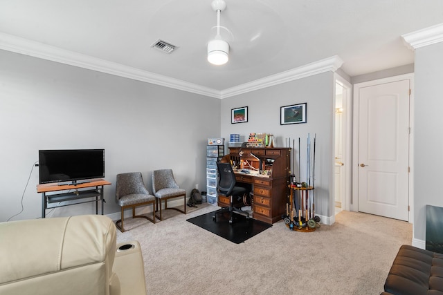 office space with carpet floors, ornamental molding, visible vents, and baseboards