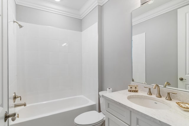 bathroom featuring ornamental molding, tub / shower combination, vanity, and toilet