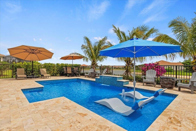 view of pool featuring a fenced in pool, a patio area, and fence