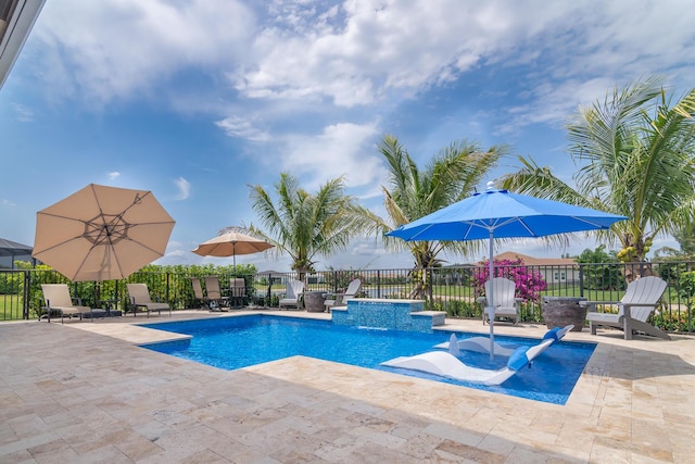 view of pool featuring a patio area, fence, and a fenced in pool