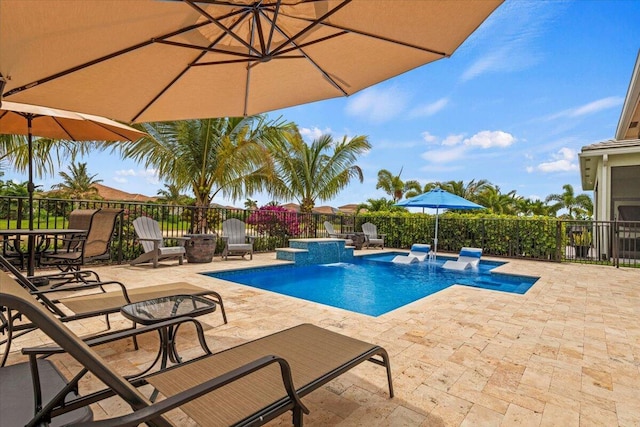 view of pool featuring a fenced in pool, a patio area, and fence