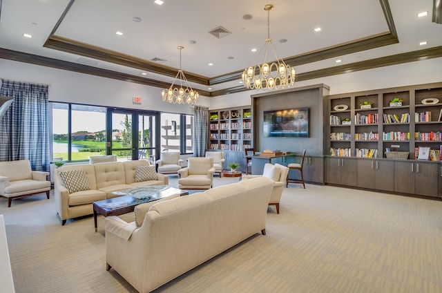 living room with recessed lighting, visible vents, a raised ceiling, and light colored carpet