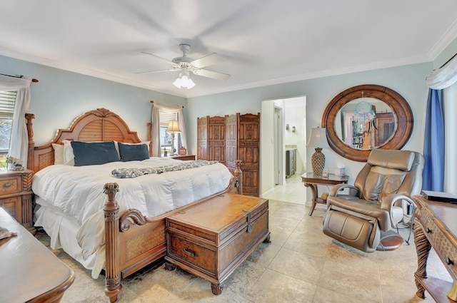 tiled bedroom with multiple windows, connected bathroom, ceiling fan, and ornamental molding