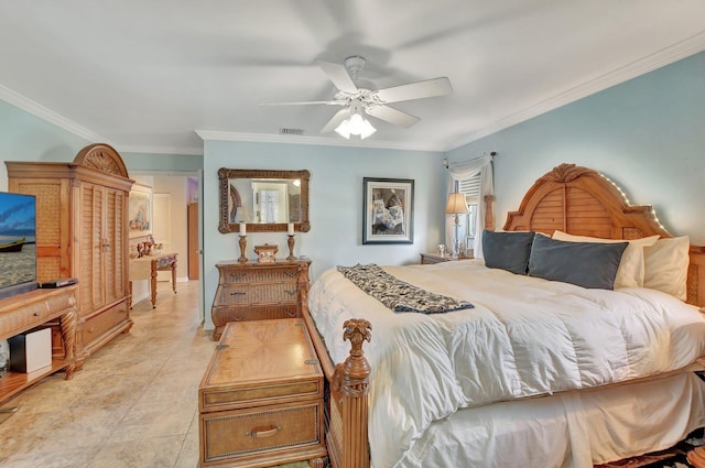 bedroom featuring ceiling fan, light tile patterned floors, and ornamental molding