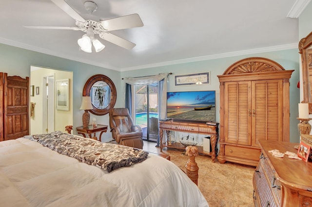 bedroom featuring access to outside, ceiling fan, and ornamental molding