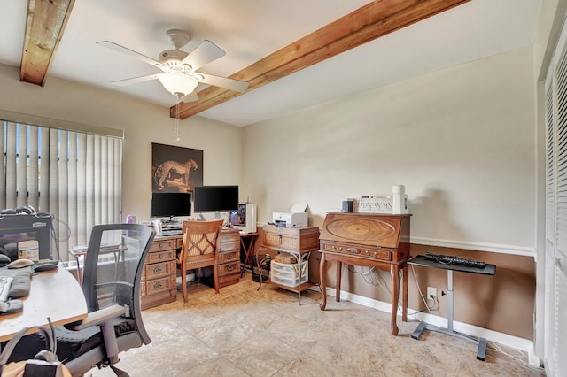 home office featuring ceiling fan and beamed ceiling