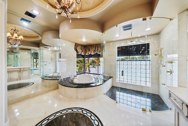 bathroom featuring separate shower and tub and vanity