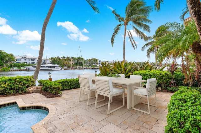 view of patio / terrace featuring a water view