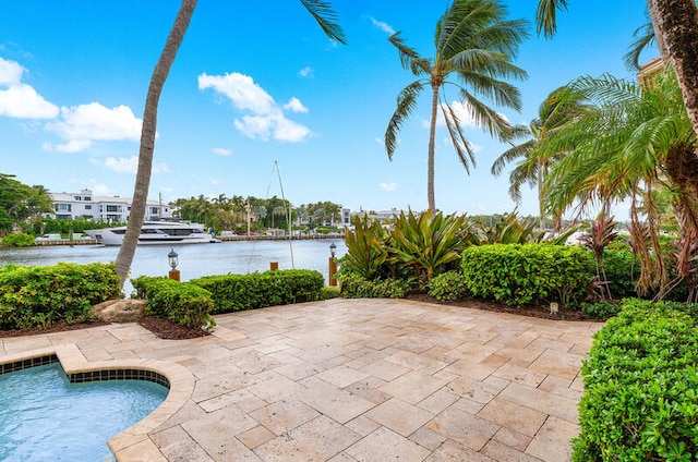 view of patio / terrace featuring a water view