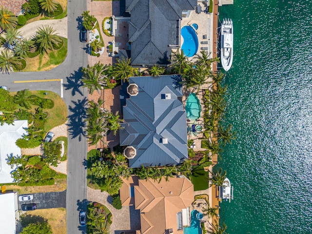 drone / aerial view featuring a water view