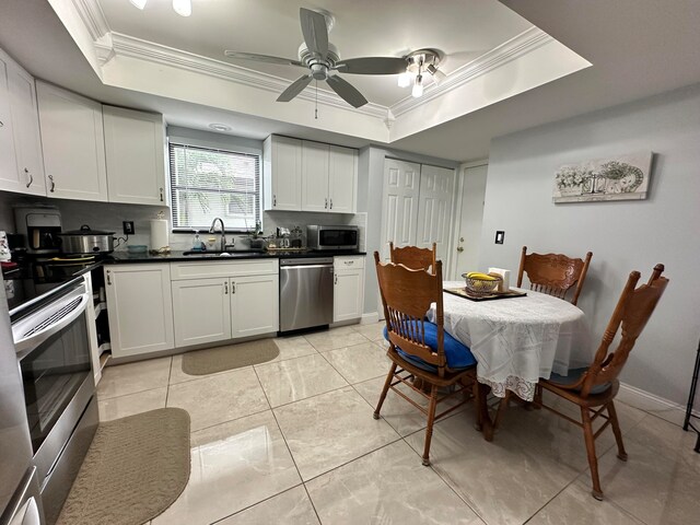 kitchen with white cabinetry, stainless steel appliances, sink, and a tray ceiling