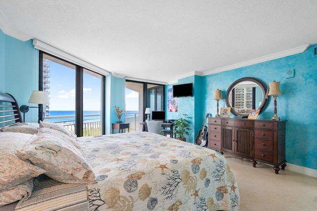 bedroom featuring a water view, a textured ceiling, access to exterior, and crown molding