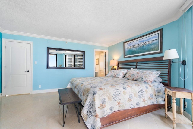 bedroom featuring a textured ceiling, tile flooring, and crown molding