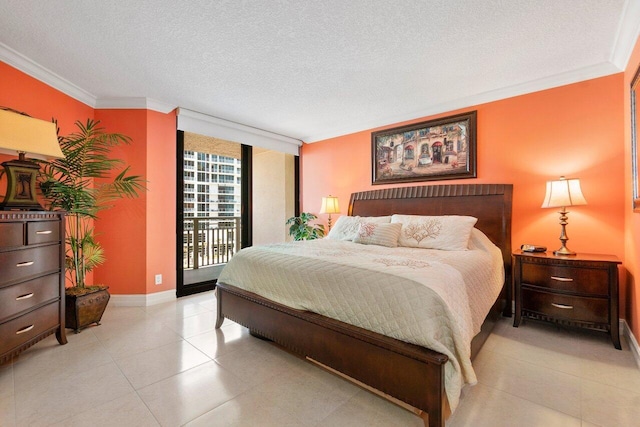 tiled bedroom with access to outside, a textured ceiling, and ornamental molding