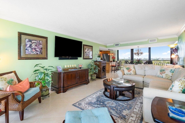 tiled living room featuring a textured ceiling and crown molding