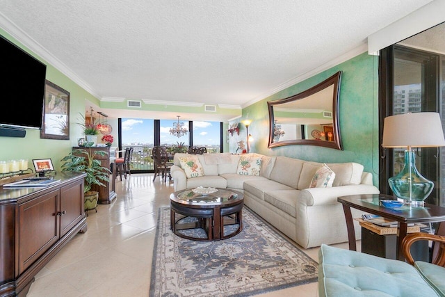 tiled living room with crown molding, a textured ceiling, and a wall of windows