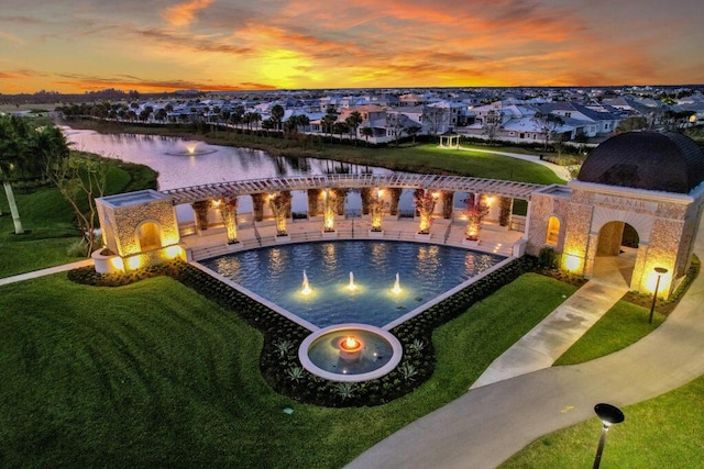 exterior space with a water view