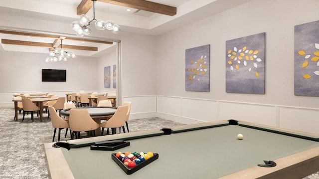 playroom with a decorative wall, carpet, beamed ceiling, pool table, and a notable chandelier