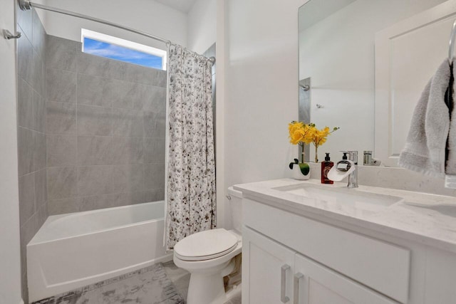 full bathroom featuring tile flooring, shower / bath combination with curtain, toilet, and large vanity