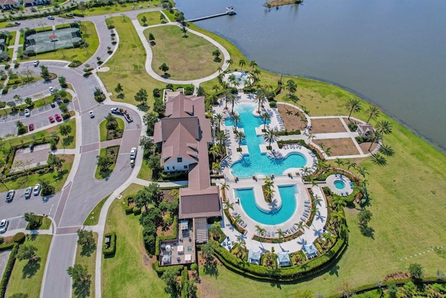 aerial view featuring a water view