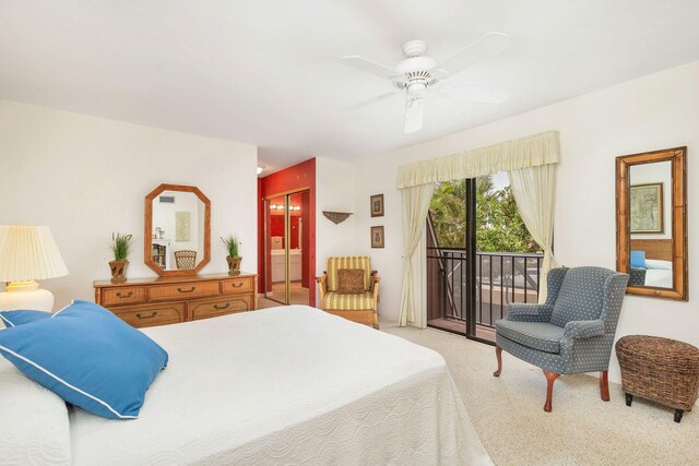 carpeted bedroom featuring ceiling fan and access to exterior