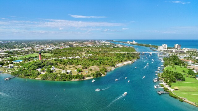 bird's eye view with a water view