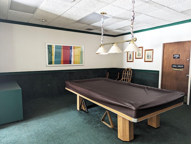 rec room with carpet, a paneled ceiling, and billiards