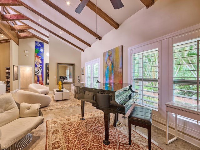 18238 128th Trl N, Jupiter, FL 33478 - living area featuring high vaulted ceiling, beam ceiling, baseboards, ceiling fan, and recessed lighting