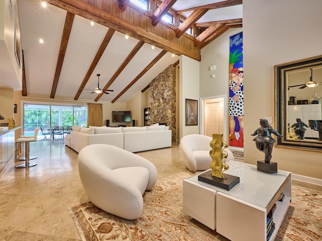 18238 128th Trl N, Jupiter, FL 33478 - living area featuring high vaulted ceiling, beam ceiling, a ceiling fan, and baseboards