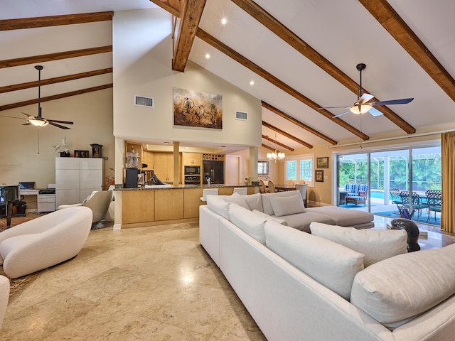 18238 128th Trl N, Jupiter, FL 33478 - living area with a ceiling fan, high vaulted ceiling, beam ceiling, recessed lighting, and a chandelier